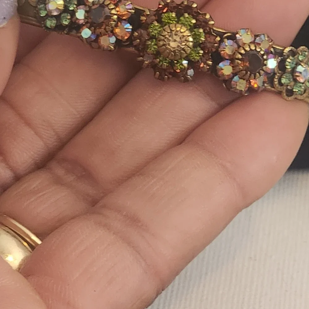 Liz Palacios Brass Crystal Floral Cuff Bracelet and Hoop Earring Set Vintage - Picture 9 of 16